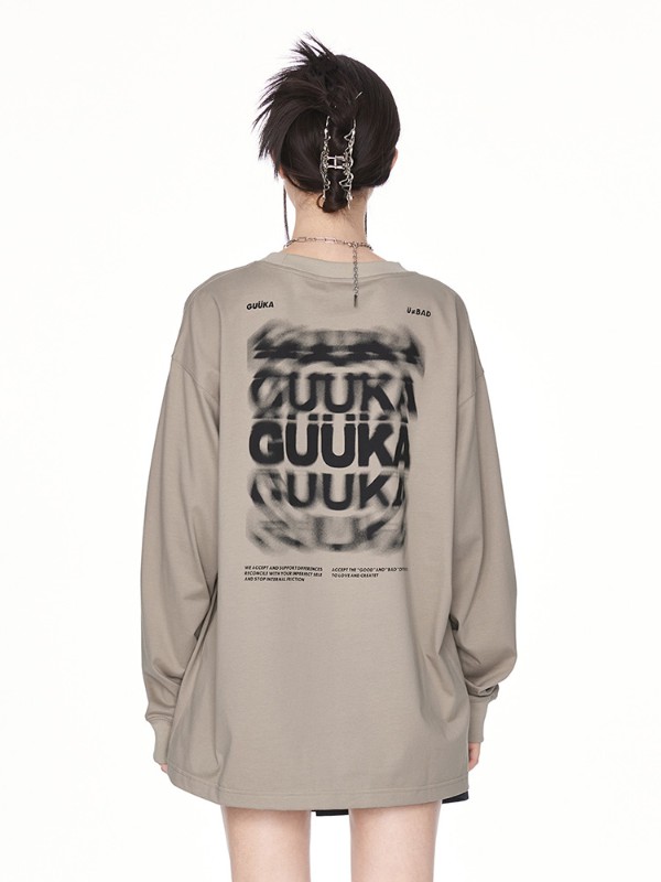 トレンドブランド ライトアプリコット アウトライン 長袖 Tシャツ レディース ヘビーコットン 不良学生 アメリカンレトロスタイル トップス ルーズ