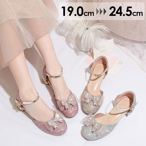 19.024.5 パンプス キラキラ 太いヒール ローヒール ストラップ アンクルストラップ ゴージャス 結婚式 ピアノ 発表会 パーティー シューズ 女の子 靴 イベント 謝恩会 演奏会 チャンキ