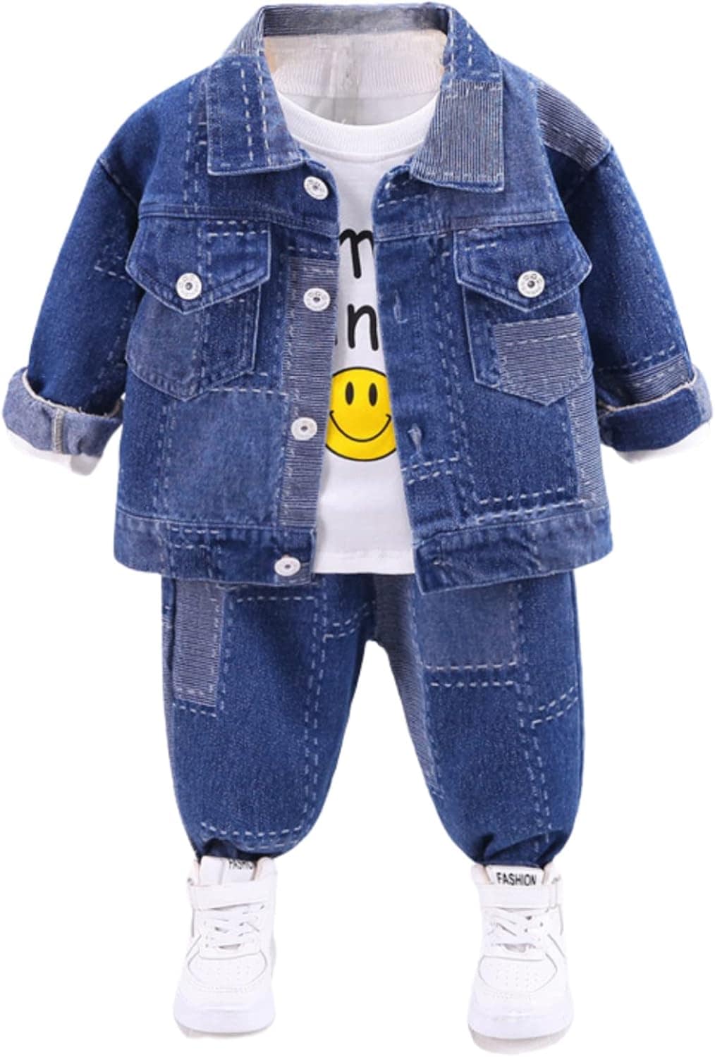 EnDast 3点セット パッチワークデニム 上下セット Gジャン ジーパン 長袖Tシャツ セットアップ 韓国子供服 男の子 8cm 9cm 1cm 11cm 12cm