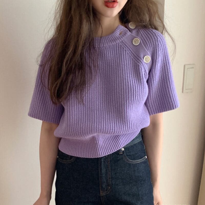 3color レディース トップス ニット 半袖 イエロー ブルー パープル エレガント 春 夏