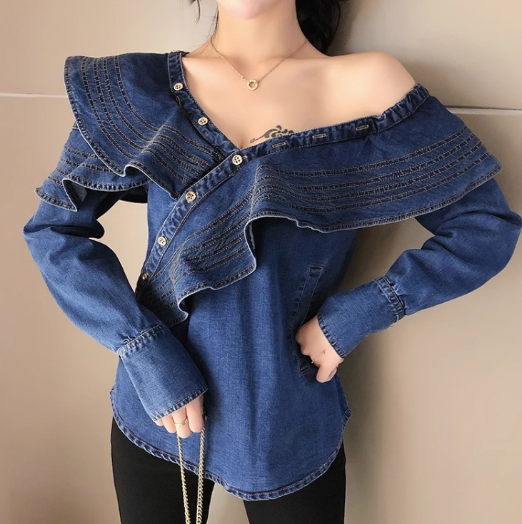 レディース トップス シャツ ブラウス アシンメトリー 長袖 Vネック オフショルダー スリム 細身 ストレート ドレープ フェミニン ストリート プリーツ フリル 前開き アメカジ 切り替えデザイン