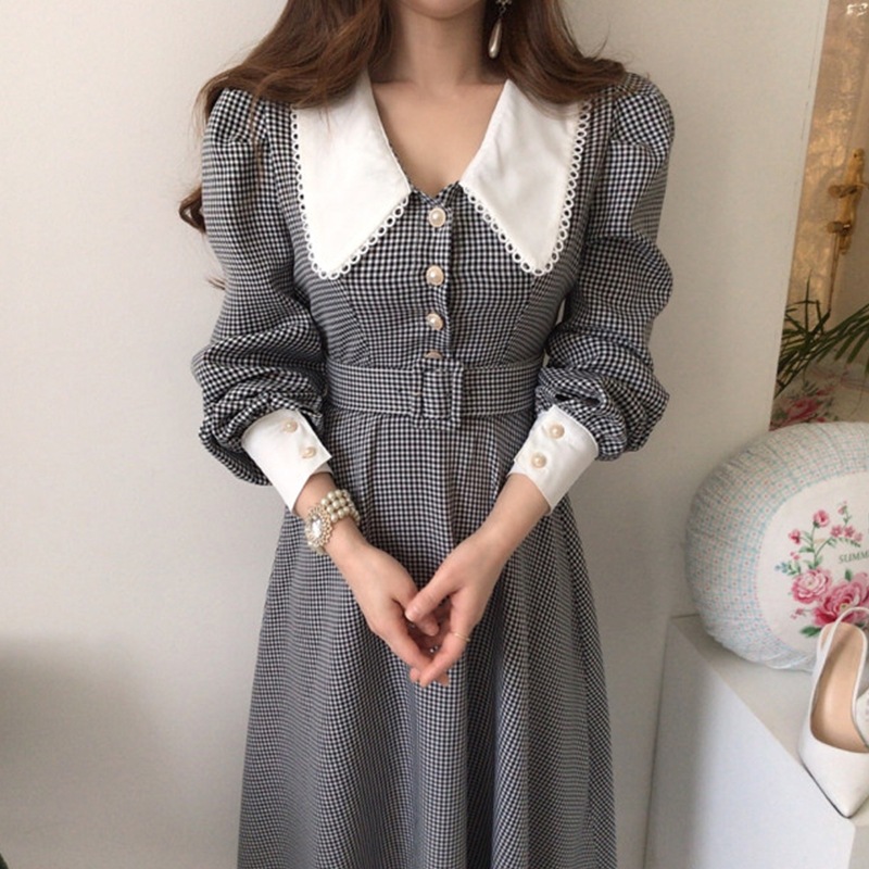 【送料無料】レディース Vネック ワンピ 高級感 パフスリーブ チェック柄 ロング ワンピース