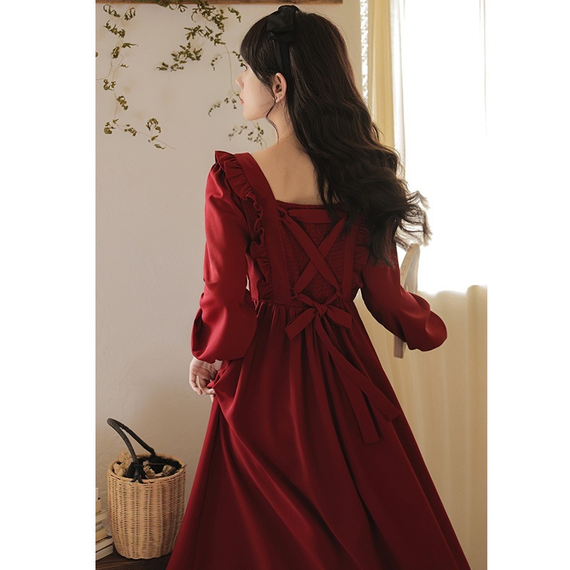 フリルスクエアネック甘い暴走プリンセスドレス婚約ドレス長袖レッドドレスレディース