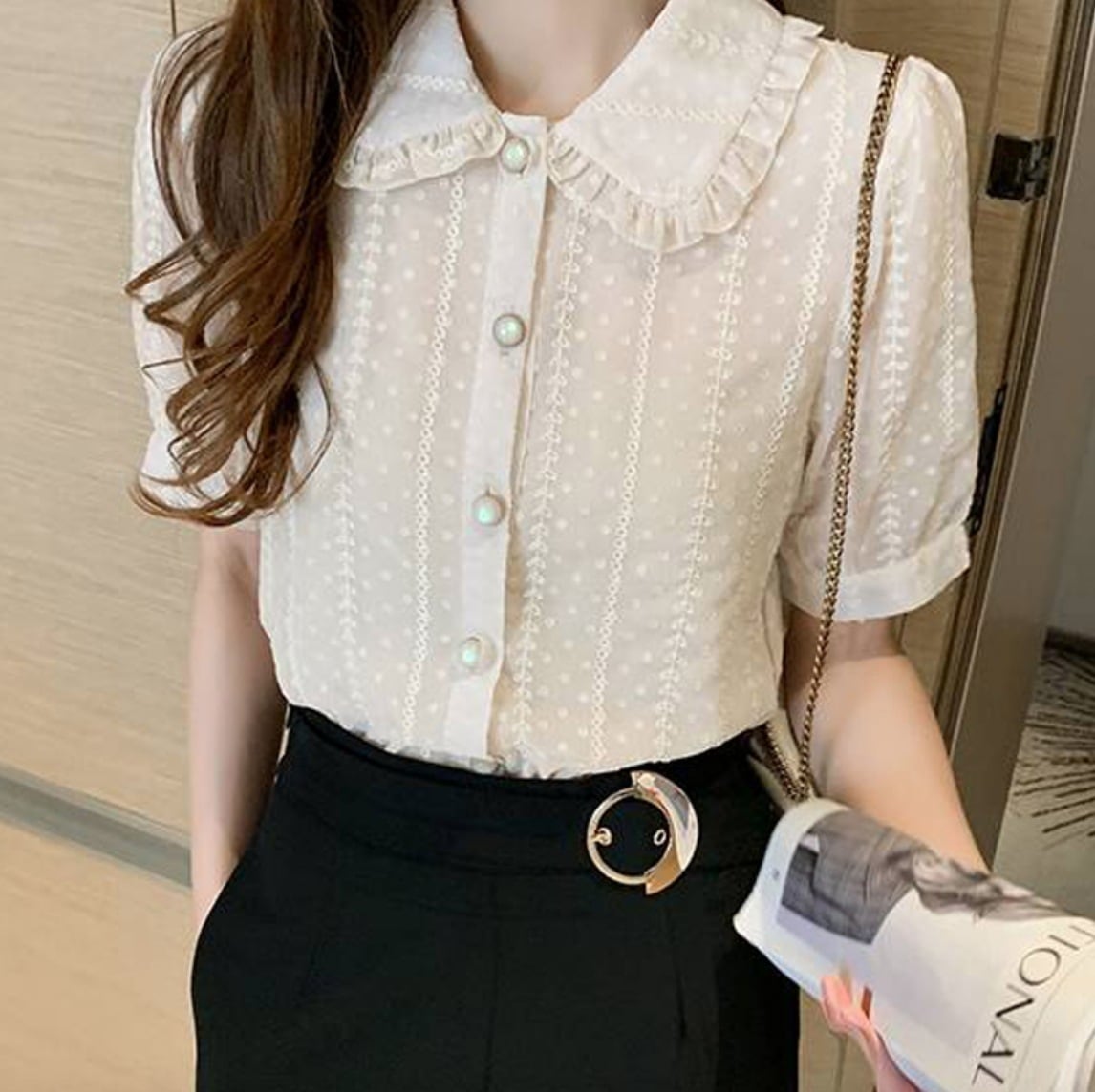 トップス デート かわいい 大人可愛い きれいめ シンプル カジュアル 大人 上品 おしゃれ お洒落 襟付き 半袖 レース 花柄　刺繡 フリル アプリコット 韓国 モテ オフィス 旅行 XL 通勤