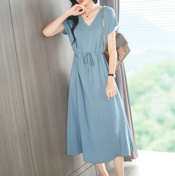 ドレス ワンピース ミディアムドレス ミディアム ミディアム丈 袖あり 半袖 Vネック Aライン ハイウエスト ウエストマーク かわいい きれいめ シンプル 大人 上品 おしゃれ かっこいい ラブリー