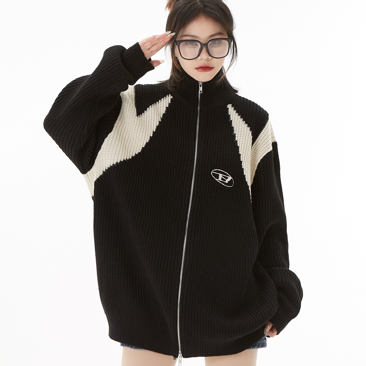 アウター ジャケット ミディアム丈 長袖 ハイネック 前開き ダブルジップ ニット かわいい 大人可愛い きれいめ シンプル 上品 おしゃれ かっこいい カジュアル レトロ ラフ ルーズ こなれ感