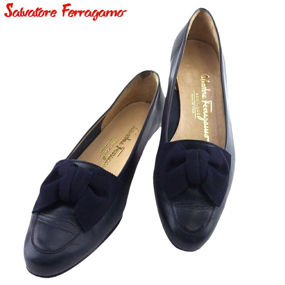 パンプス シューズ 靴 リボン レディース 5ハーフC フラット ネイビー ブラック 中古