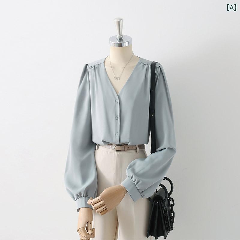 レディース シフォンシャツ ブラウス 長袖 春秋 ローズレッド 白 薄ブルーグレー Vネック パフスリーブ ドレープ シングルブレスト シンプルエレガント スタイリッシュ フェミニン 洗練 多用途