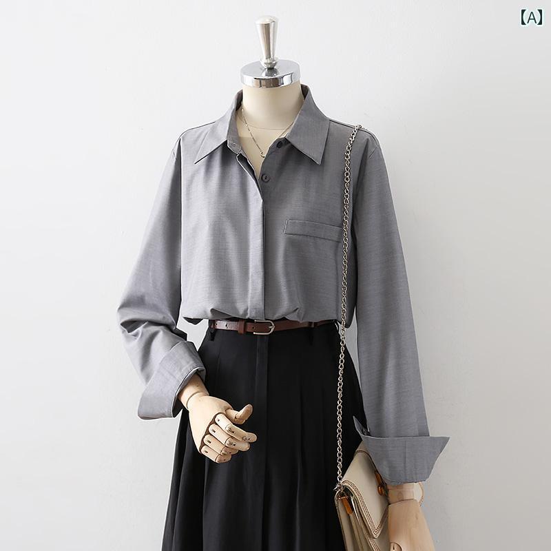 レディース トップス ブラウス 通勤 オフィス 普段使い 秋 シャツ ポロカラー グレー サテン 長袖 大人シック シフォンシャツ タイプ