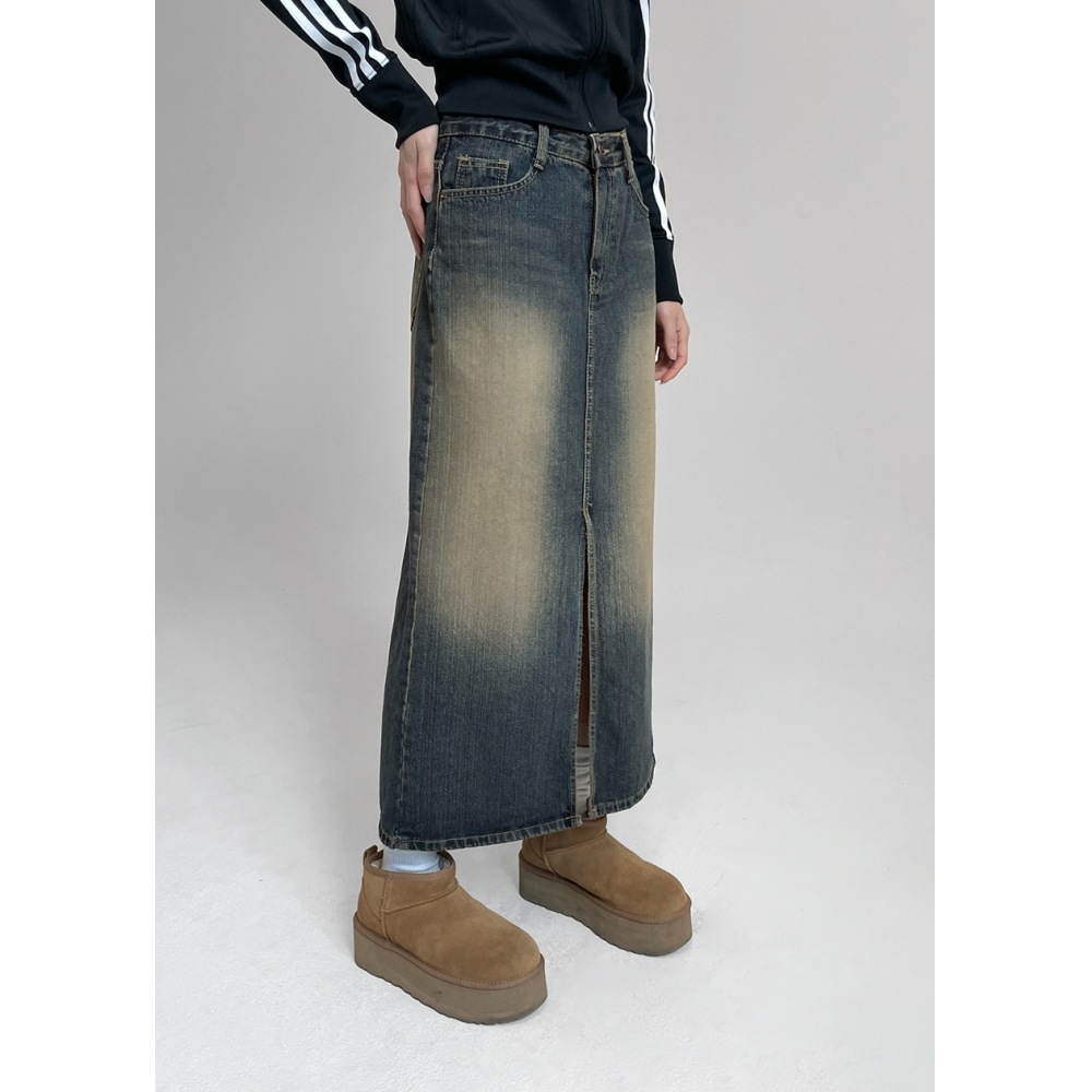 ブラックアップ [メイド] ログウォッシュロングデニムスカート