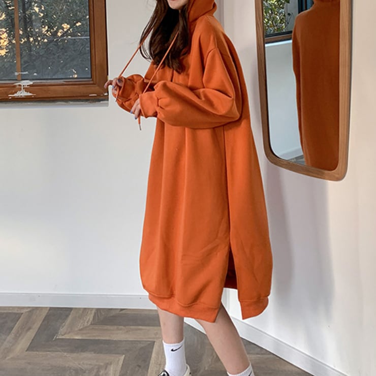 ワンピース 上着 人気 おすすめ おしゃれ お洒落 安い プチプラ パーカー フード フーディー スウェット 長袖 ロング ふんわり オーバーサイズ スリット 無地 ポリエステル
