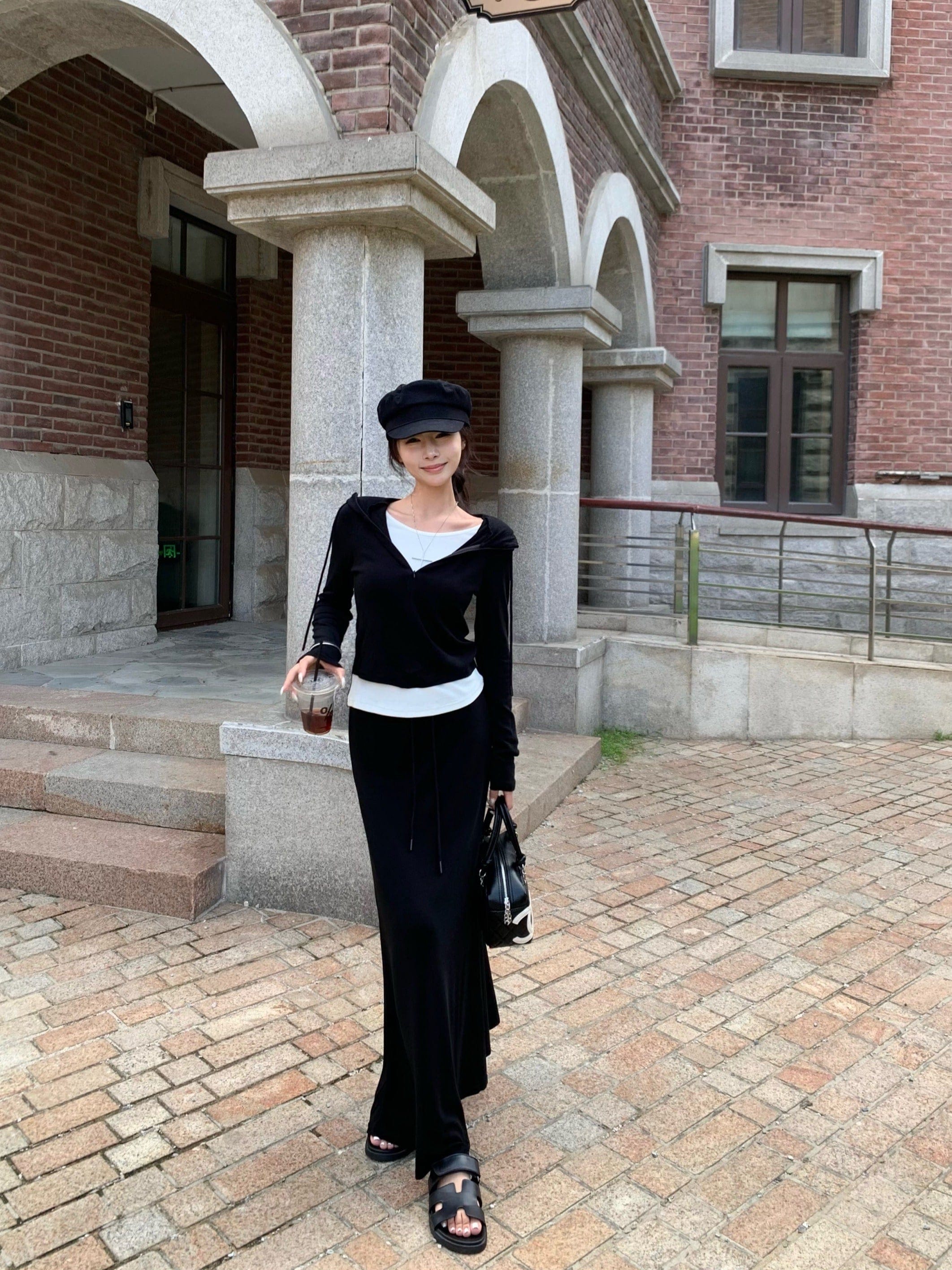 每日更新2025秋冬 韓国風 フェイクツーピースアウター×スカートロング丈 かわいいレディース無地ショートフード付き長袖タイトセットパーカーフーディーブルサイズトップスカジュアルファッションフル系袖ア 6,807円