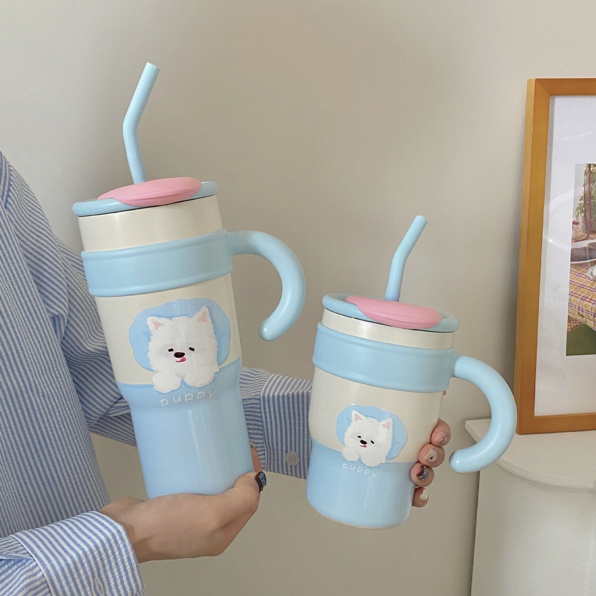 かわいい西高地子犬保温カップ女性高容貌値水杯大容量ステンレスストローカップオフィスカップ