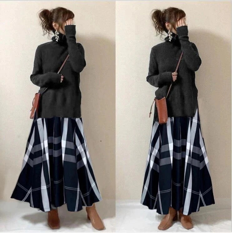 【再入荷予定】華やかさをプラス 切り替え チェック柄 オフタートルネック ロング 混色 ワンピース