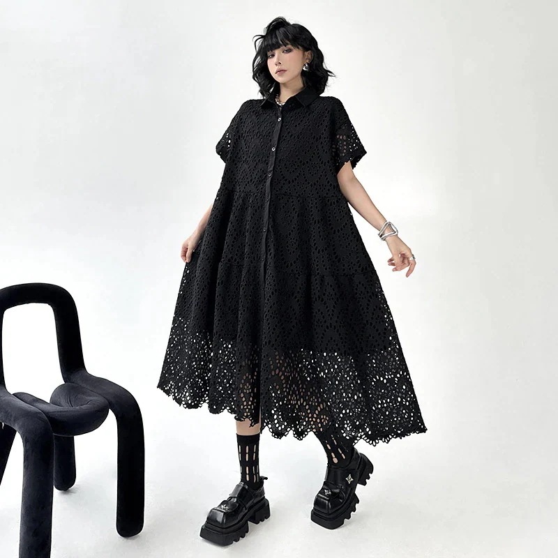 【J.Fashion】2025夏新作ワンピース レディース レース透かし彫りデザイン ロングワンピース ゆったり大きいサイズ体型カバー カーディガン半袖 Tシャツワンピース メガ割 7,279円