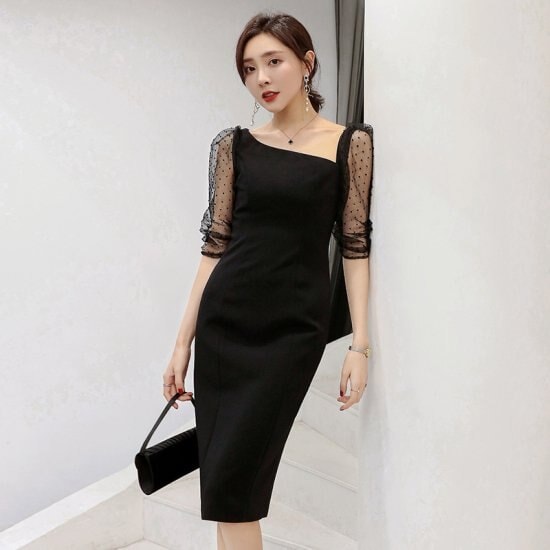 【取寄：納期2週間】結婚式ドレス パーティードレス ブラック 結婚式 二次会 謝恩会 女子会 ドット