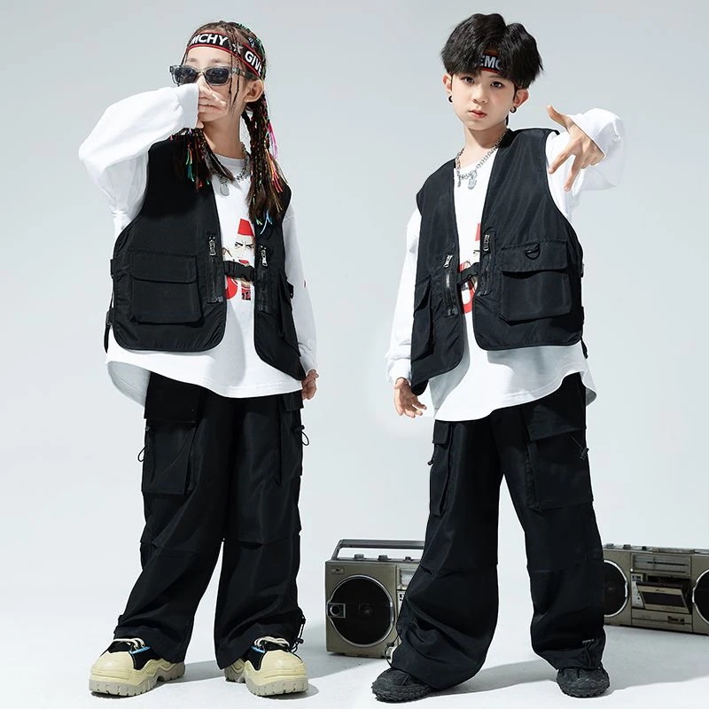 街舞児童潮服男女童ヒップホップ工装馬甲ショーセット少年個性hiphop公演服クール