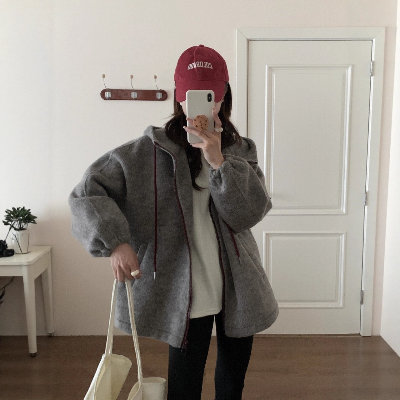 新作秋冬用ゆったりとしたプラスサイズの両面ウールコートミドル丈ジップアップフード付き厚手で暖かいウールの韓国スタイル