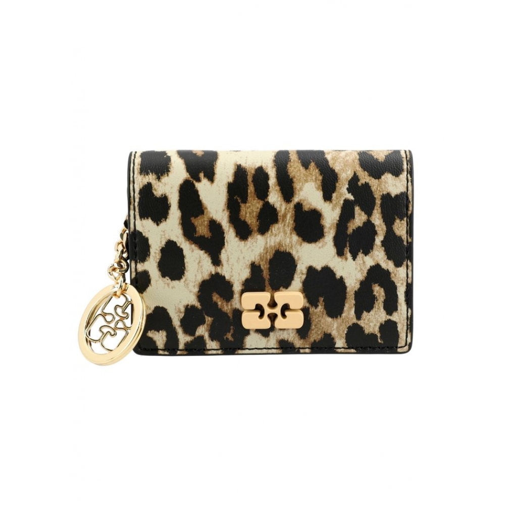GANNI A6545 943 レオパードプリントバタフライロゴフラップカードホルダー