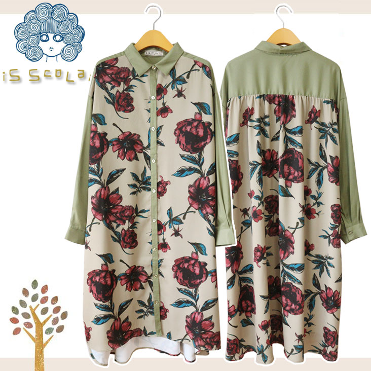 iS ScoLar イズスカラー 華やかな花柄シャツワンピース 花 プリント マット 光沢感 羽織り シック 大人カワイイ ボタン ゆったり スカート 女性 レディース かわいい 543209