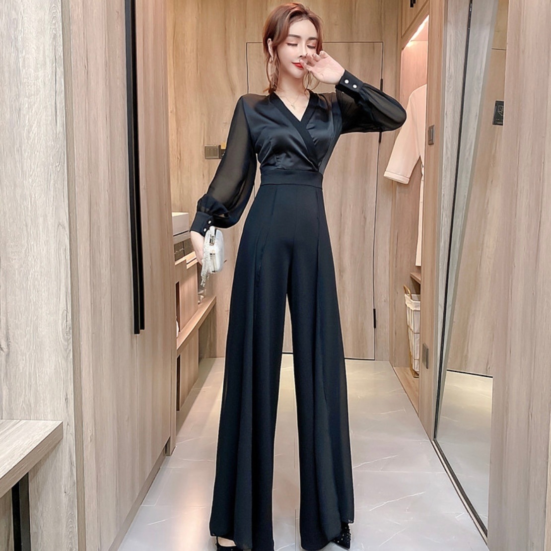 無地 Vネック ロング パンツ ドレス パーティードレス オールインワン 脚長 秋冬 女性 ブラック