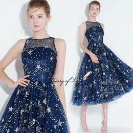 パーティードレスミモレ丈ドレス　カラードレス　パーティードレス　演奏会二次会ドレス　ひざ丈　星柄　二次会結婚式披露宴演奏会発表会　パーティードレス　ミモレ丈ドレス　花嫁衣　ブルー　膝丈カラードレスイブ 9,124円