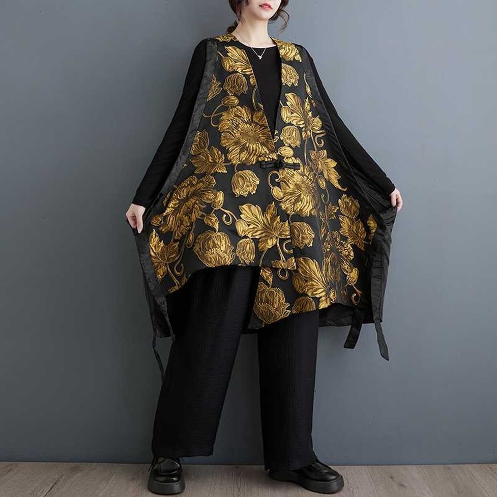 ベスト ジレ トップス ジャケット 羽織 オリエンタル調ビッグジレ アシンメトリーロングオーバーベスト アシンメトリー フレア ワイド 花柄 中華風 オーバーサイズ ロング丈 ビッグシルエット 刺繍