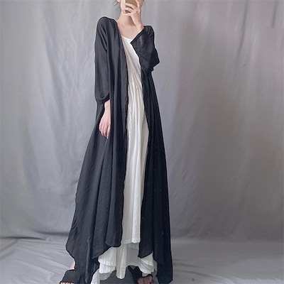 白黒　シンプル　粒ボタン　超ロング　不規則　長袖　飄々　焼け止め　ビッグカーディガン　気質　春夏　薄パーカー　女