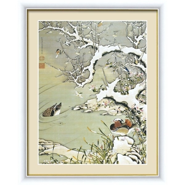 若冲 鳳凰 旭日][動植綵絵額]群鶏/白鳳/鶏伊藤若冲 額装品（白