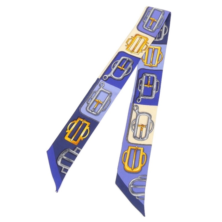エルメス HERMES スカーフ ツイリー バックル柄 ブルー×パープル系 シルク100％ 【中古】(66652) 11,396円