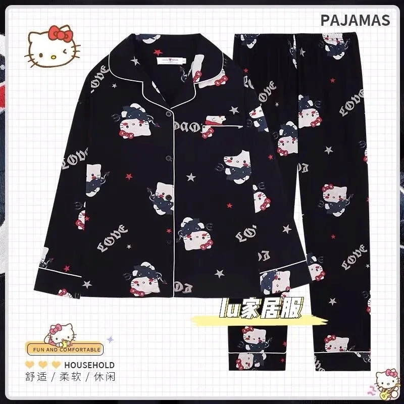 （一部1～3日出荷）（）ハローキティパジャマ黒のハローキティ純綿パジャマ女性用春秋長袖かわいいホーム服