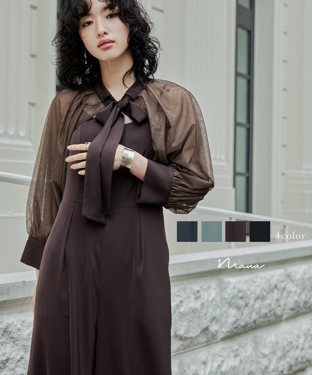 ボウタイボレロ付きオールインワンパンツドレス パーティードレス 結婚式 セット サロペット ワイドパンツ キャミソール リボン シアー お呼ばれ パーティー 二次会 披露宴 謝恩会 成人式 同窓会