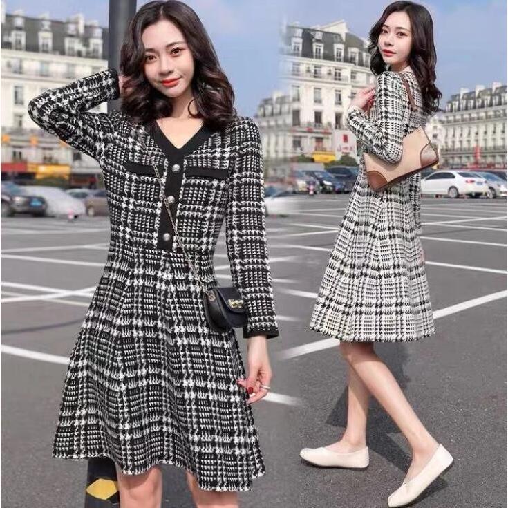 ワンピース ニットワンピース レディース 秋冬 30代 40代 膝丈 オシャレ 長袖 チェック柄 Aライン ニット 春 秋 冬 着痩せ OL 通勤 上品