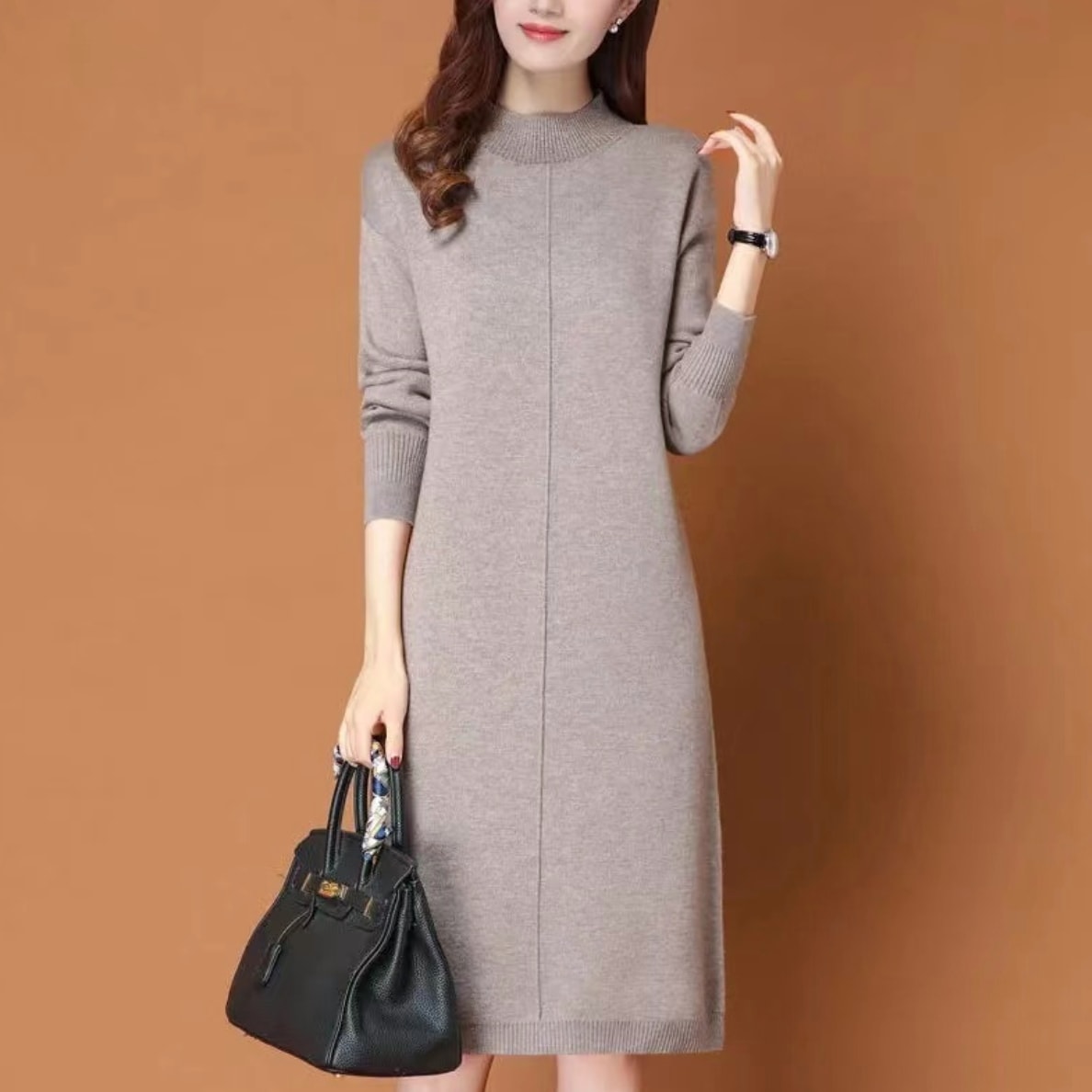 ワンピース 膝丈 ひざ丈 膝上 膝下 袖あり 長袖 ハイネック タートルネック 細身 ストレート Iライン ニット きれいめ シンプル カジュアル 大人 上品 おしゃれ お洒落 大人女子