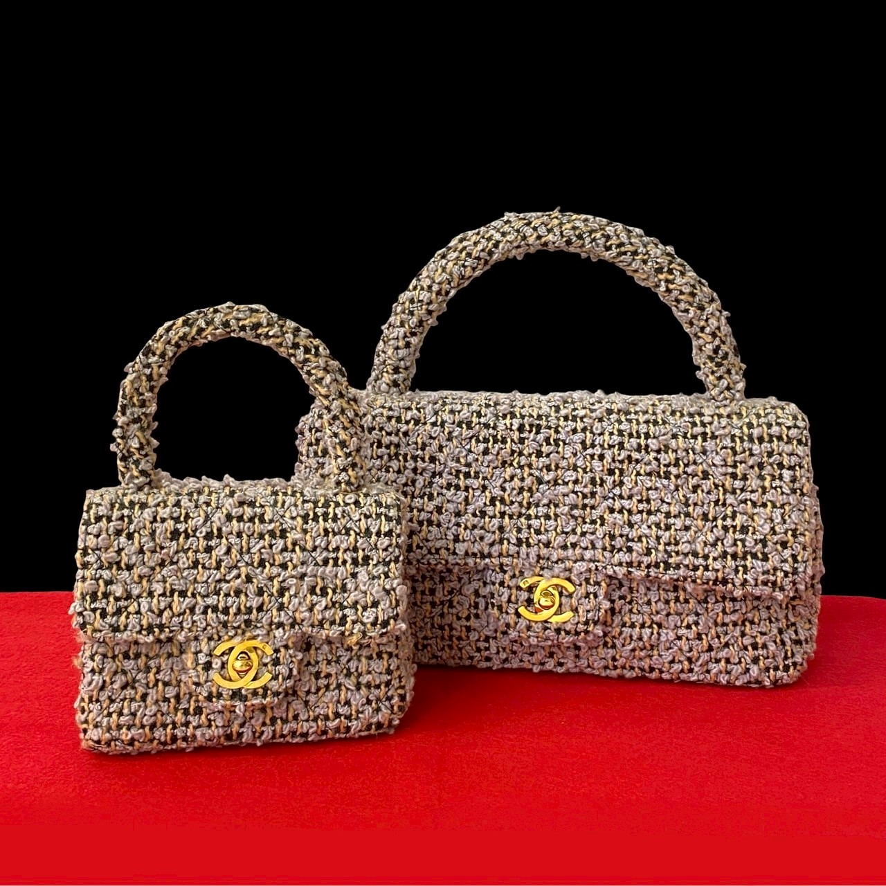 ヴィンテージ 親子バッグ ココマーク ハンドバッグ レザー ツイード ピンク 40955