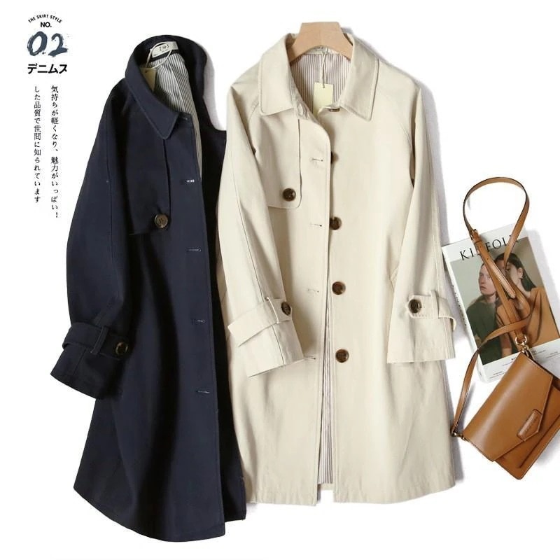 レディースコートロング丈春春冬春春アウターカジュアルトレンチコート無地長袖シングルブレストベージュネイビー通勤フォーマル