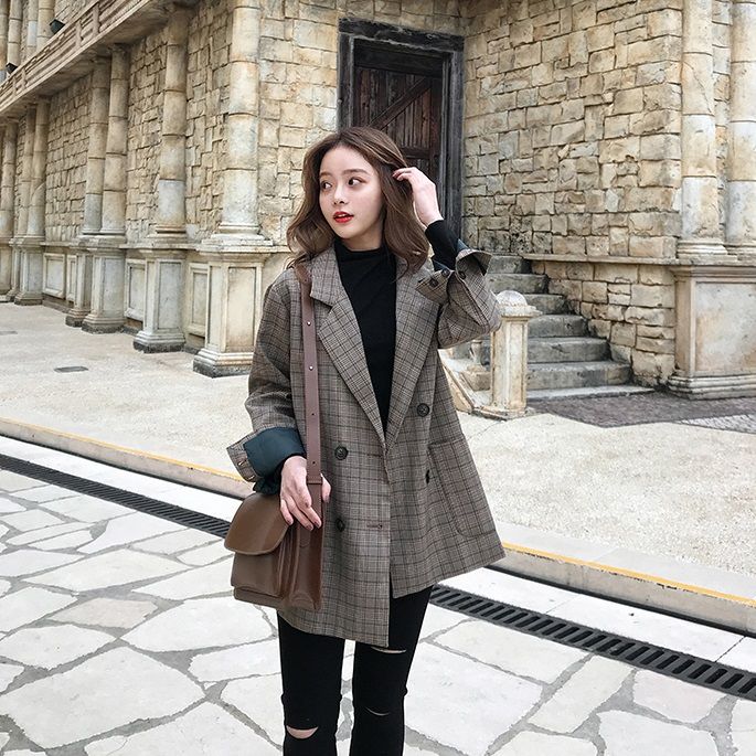 速達!ジャケット レディース テーラードジャケット グレンチェック ダブルボタン 長袖 アウター ロング丈 ビッグシルエット 小さいサイズ カジュアル レトロ こなれ感 秋 冬 バレンタイン プレゼン