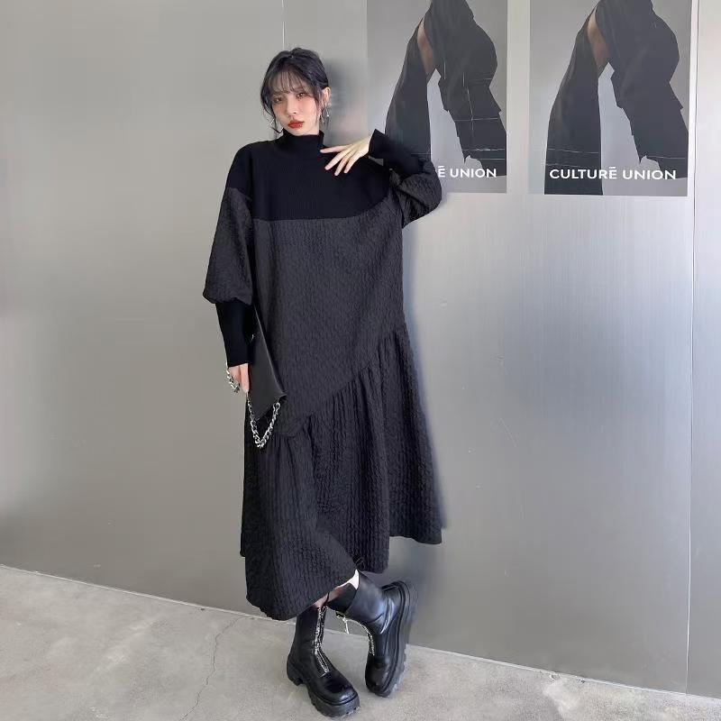 ワンピース 日韓ファッション 揺れるトレンド ワンピース 秋 ロングワンピース体型カバー 着痩せ 秋冬 長袖 ハイネック Aラインワンピ シンプル 上品 大人30%制限