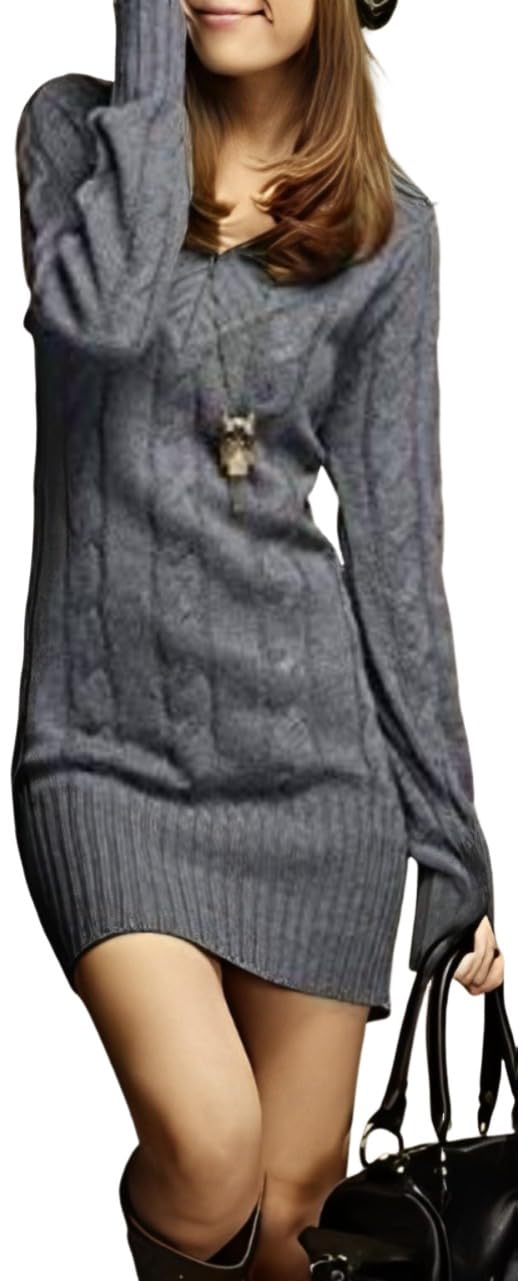 [アスペルシオ] 長袖 ニット セーター ケーブル編み レディース ケーブル 編み セータ ニットセーター ワンピース 膝丈 膝上 ひざ丈 ひざ上 vネック ワンピ スタイル ユッタリ 大人 オトナ