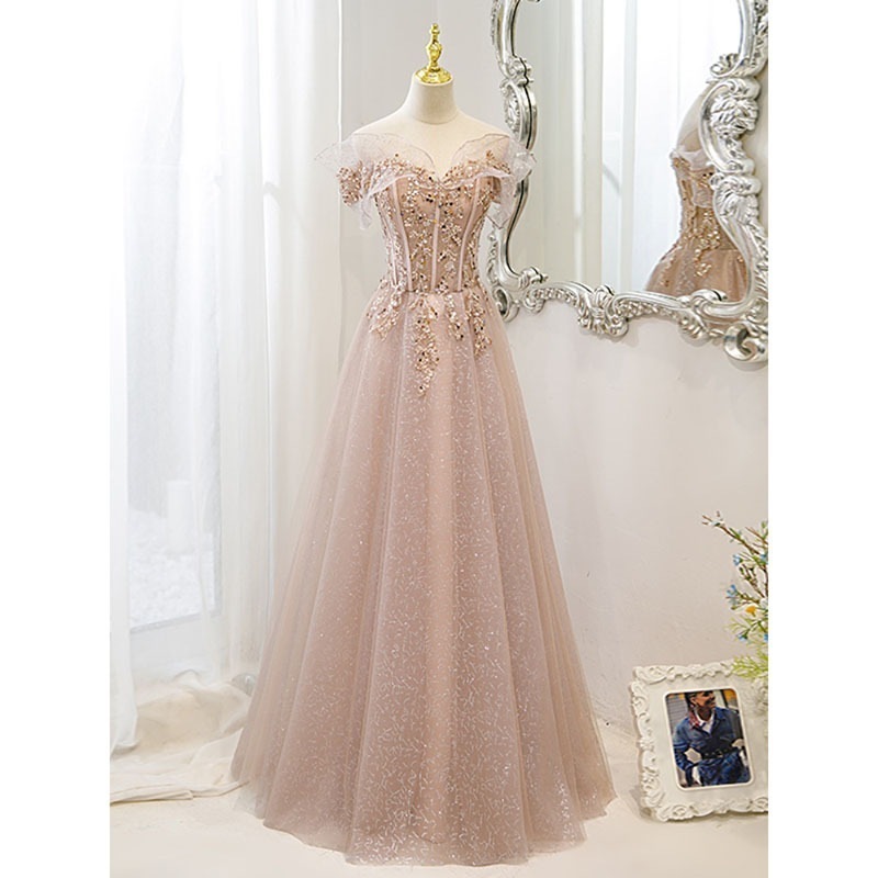 高級感溢れる女性用ワンショルダーピンクイブニングドレス高級ニッチライトラグジュアリーホスト成人式気質婚約ウェディングドレス