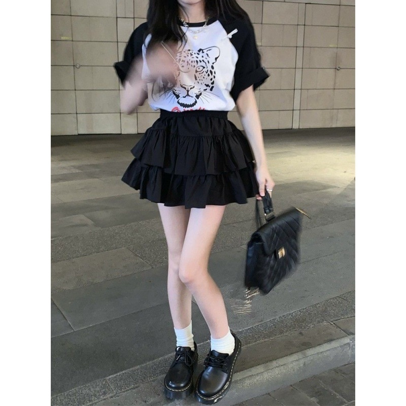 【1つ買うと10つ無料】黒いショートスカート甘いふわふわスカートハイウエストスリムスカート夏の小さなスカートプリーツケーキスカート