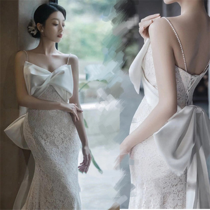 ホワイト　ウェディングドレス　吊りスカート　袖なし　 ロングドレス ウェディングドレス パーティードレス　二次会ドレス　ブライダル　撮影　S/M/L/XL/2XL　レディース　ドレス 　トレーン