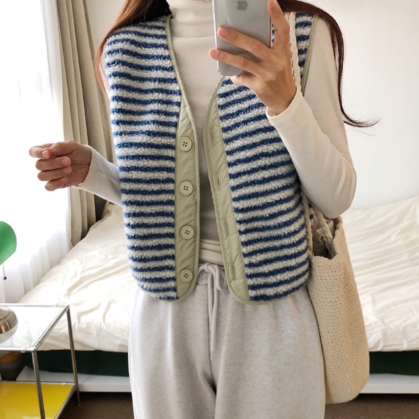 韓国ファッション シンプル 配色 ストライプ Vネック ウール ベスト