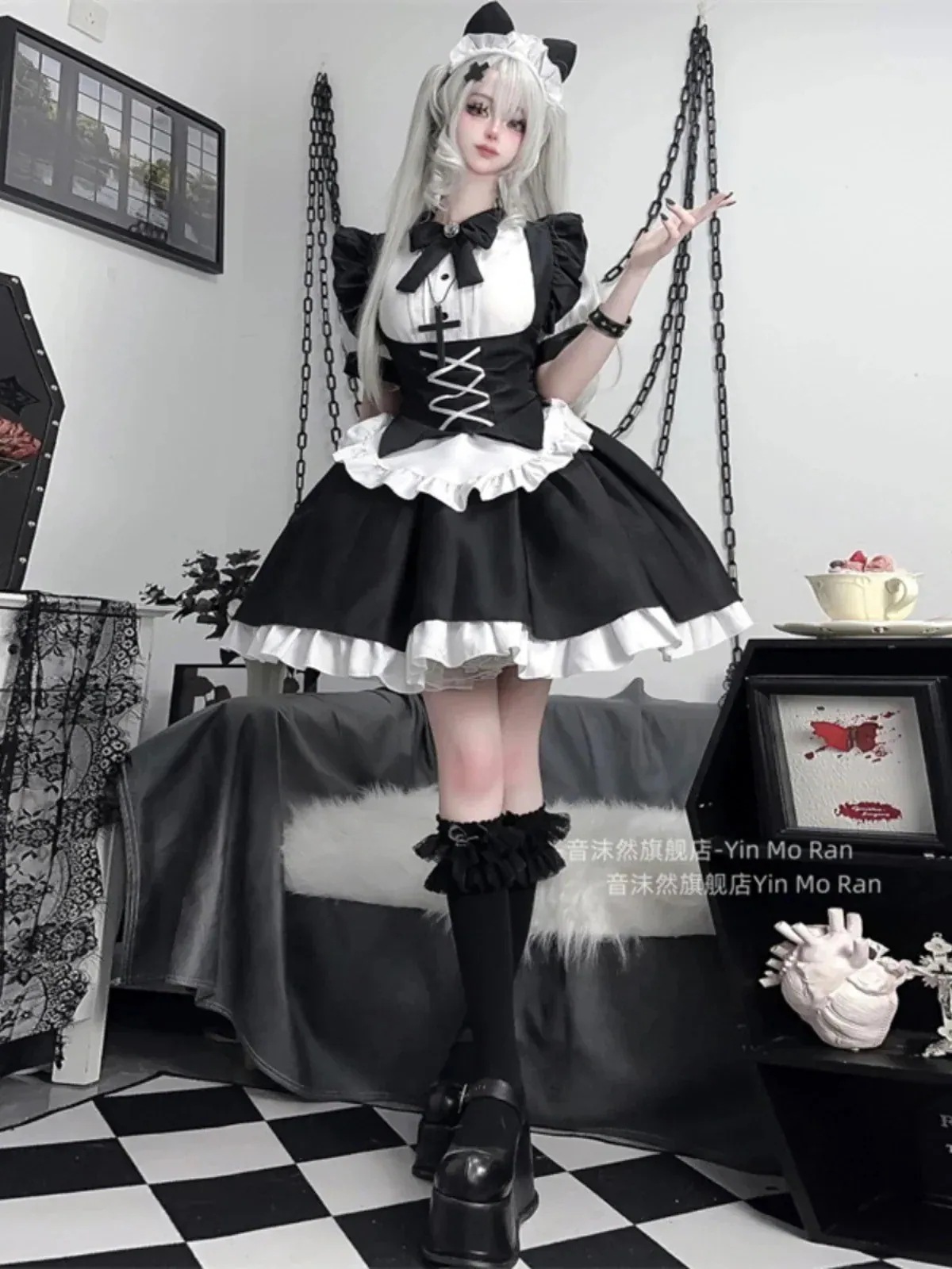 かわいい ブラック 学園祭 大人 セットアップ ファッション系 ハロウィン コスチューム服 今年 仮装 短纳期 ワンピース セクシー型 衣装 レディース 4点 文化祭