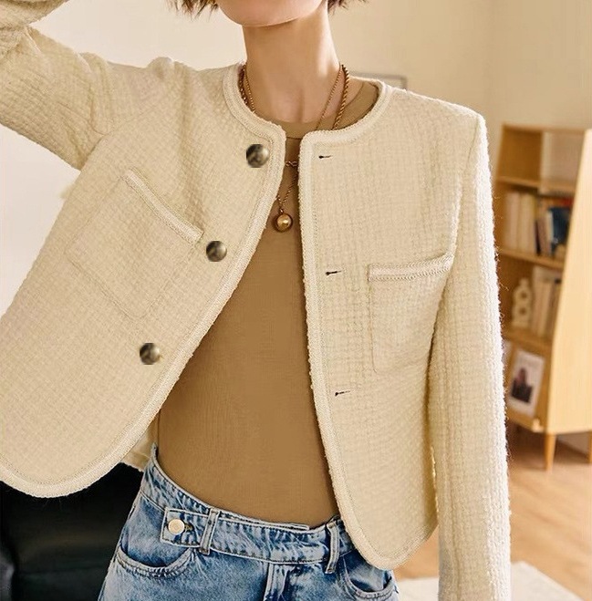 ウール ツイードジャケット フォーマル きれいめ 春 レディスタイル 黒 白 韓国 レディース オルチャン アウター 長袖 ラウンドネック 襟なし フォーマル 無地 入学式 入園式 卒業式