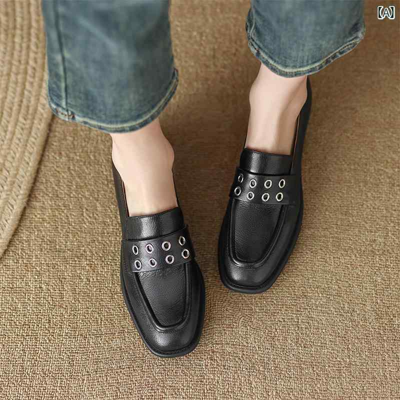 ローファー レディース オフィス カレッジ 通勤 通学 仕事 春秋 シープスキン ミディアム ヒール 太い ヒール 英国 小さい 革靴 女性 レトロ 靴