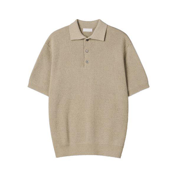 メンズ ベーシック リネン カラーネック 半袖 ニットTシャツ GN-KNH-Q015-グレーベージュ
