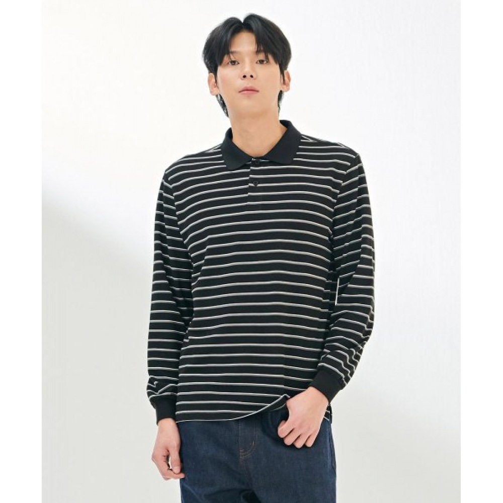 CHASECULT メンズピケストライプカラーロングスリーブ Tシャツ-DARK5121B03