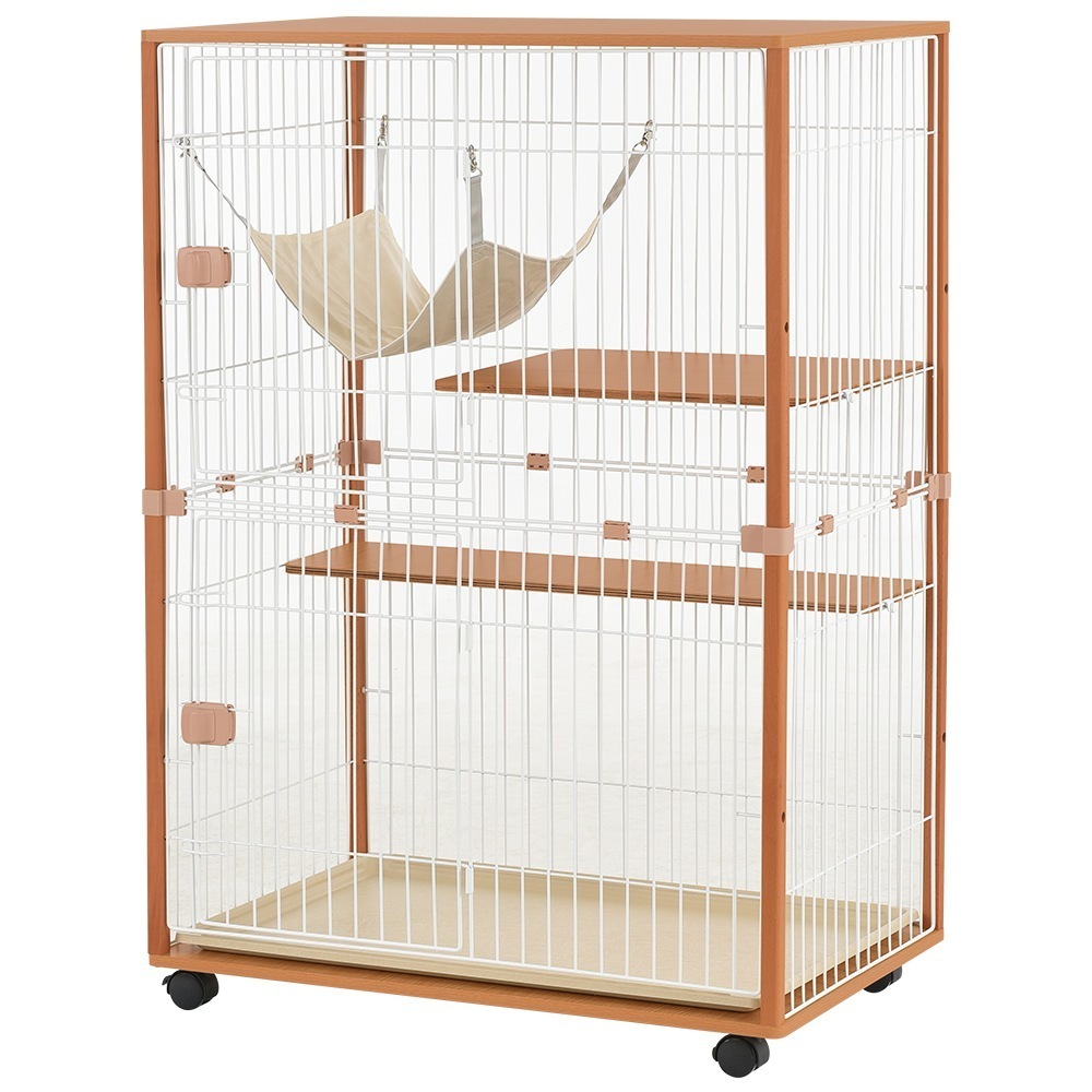 【国内発送】145 猫 キャットケージ 木製 キャットハウス ネコ ハウス 留守番 保護 脱走防止 多頭飼い 多頭 スチール 二段（チーク）