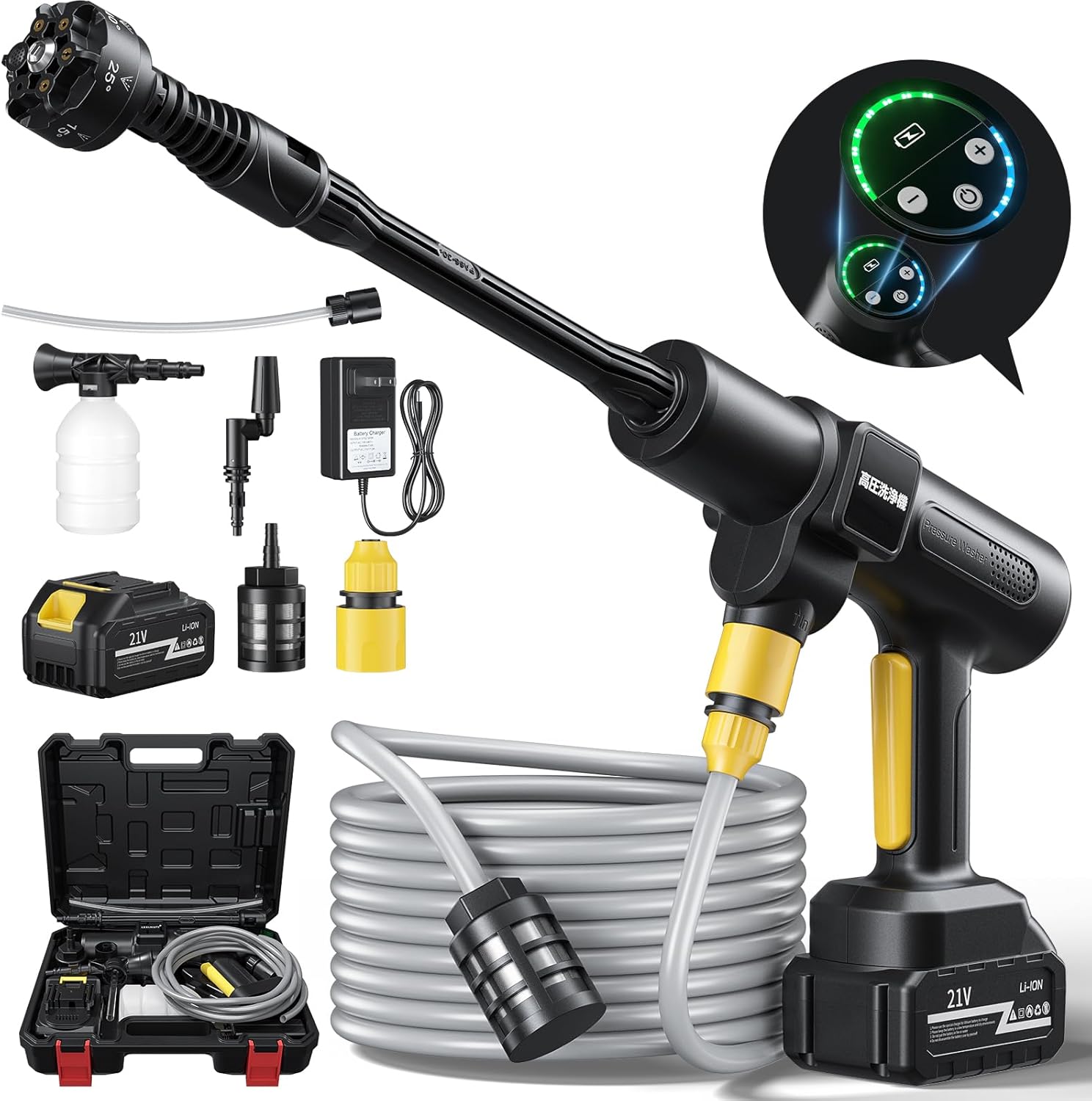 高圧洗浄機 コードレス 充電式 バッテリー式 洗車機 20000mAh マキタ互換バッテリー 残量表示 洗車店監修 750W 軽量 小型 自吸式 噴射距離10M 洗車 家庭用 2段階 6in1ノズル